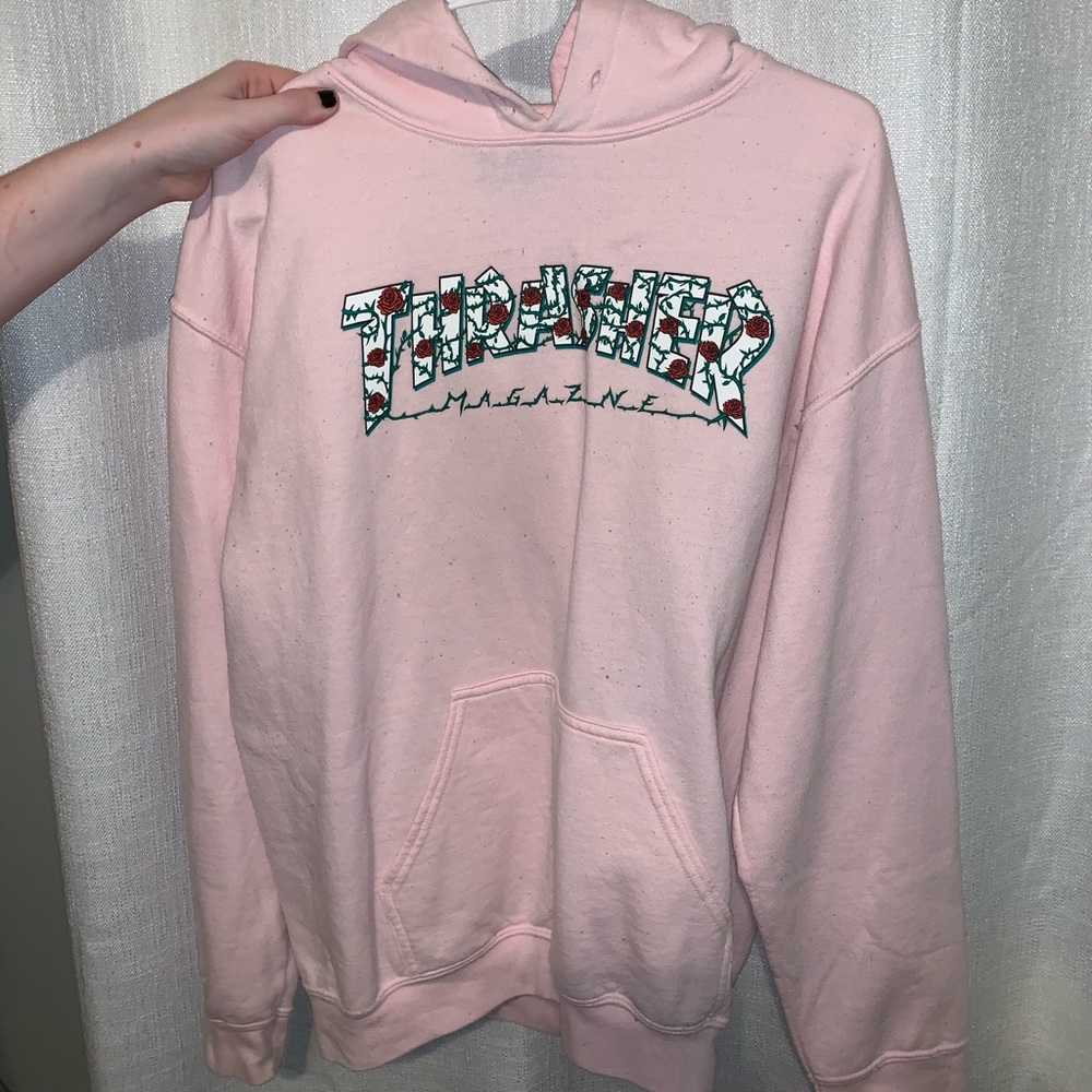 pink thrasher hoodie w/ rose logo